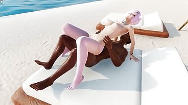 Latin man fucks blonde in stockings on beach in 3D porn